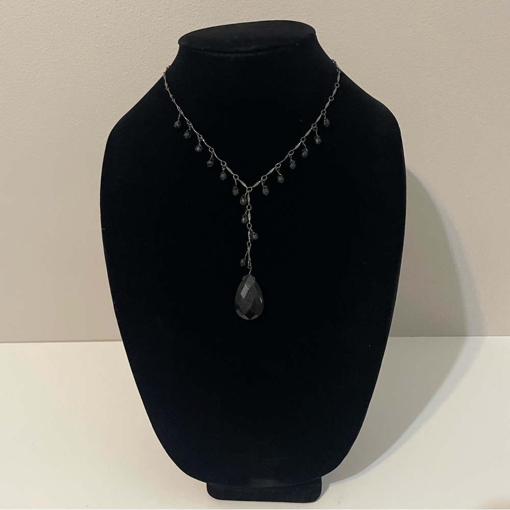 Claire’s Lariat Drop Y Teardrop Necklace Art Deco Dangling Beads Black Pewter
